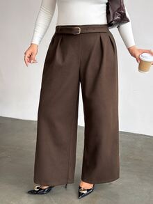 Firerie Plus Size Casual Elegant Metal Buckle Loose Pants - Brown - View 4