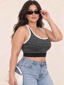 SHEIN Rhythm Era Randig färgblockig casual sport-haltertop för kvinnor i plus size, för dagligt bruk - Svart - Visa 5