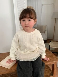 DAZY Baby Girl Round Neck Ruffle Trim Long Sleeve Korean Style One-Piece Casual Sweatshirt, Autumn/Winter - Apricot - View 8