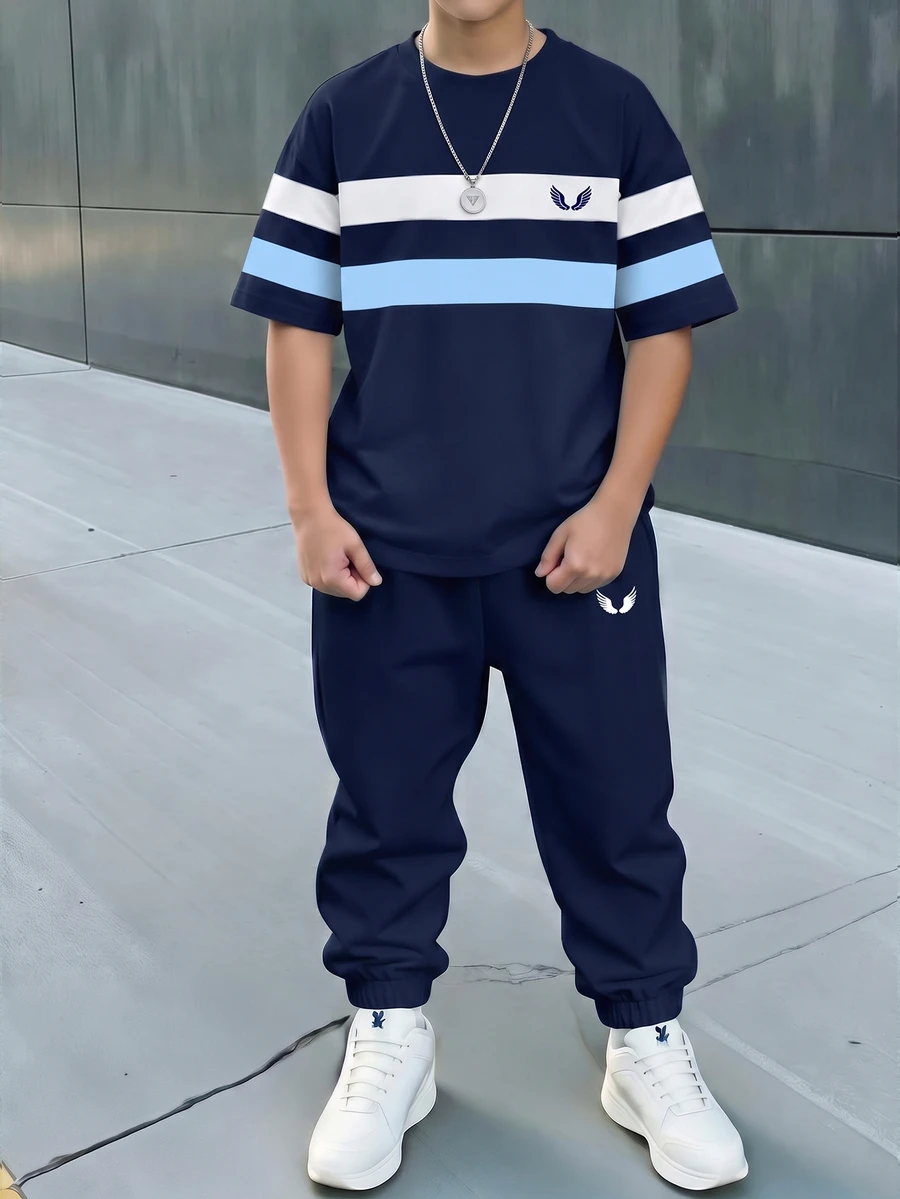 青少年男孩休閒舒適時尚簡約圓領短袖T恤與長褲套裝 - 彩色 - 查看 1