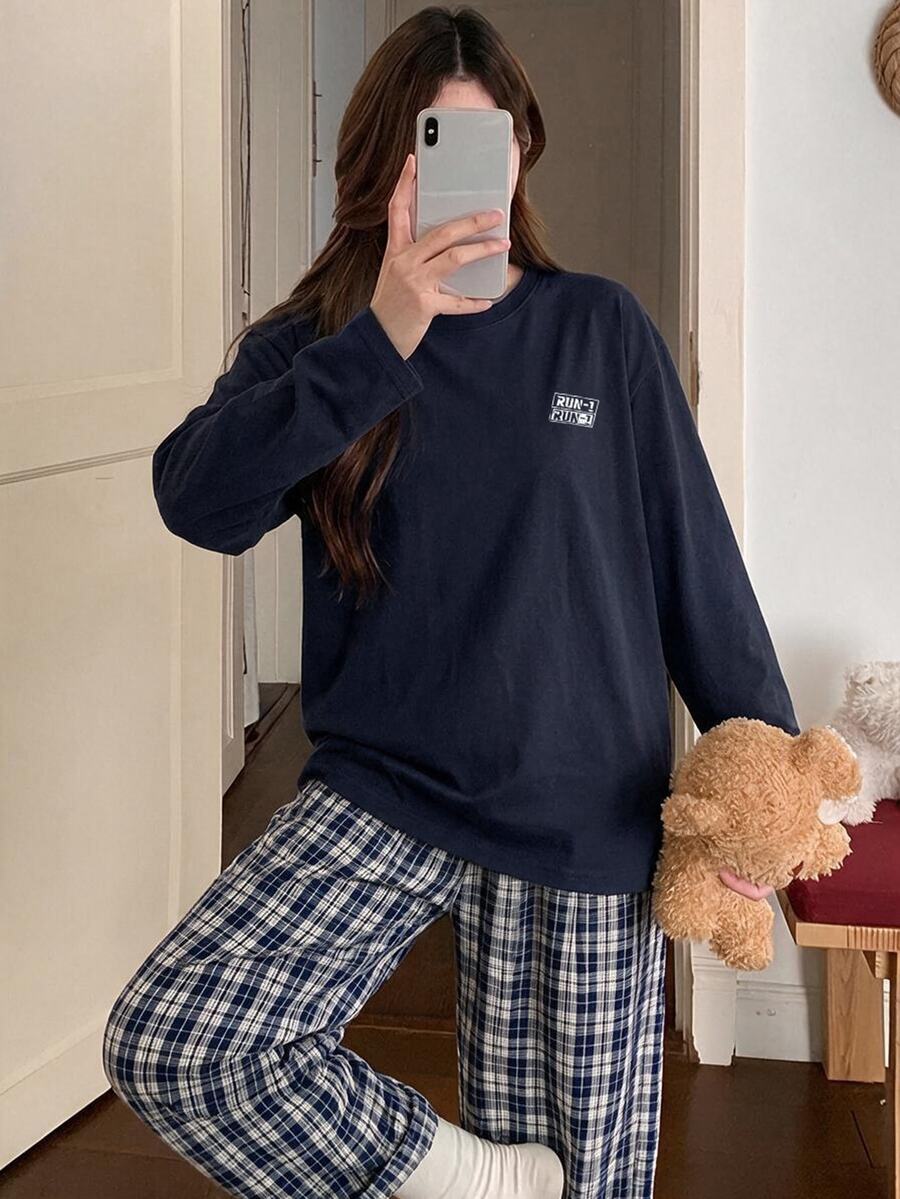 DAZY Women's Denim Long Sleeve Top And Patch Pants Casual Daily Loungewear Set - Navy Blue - View 1