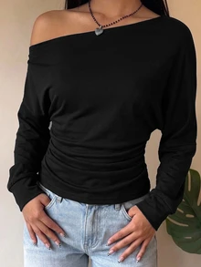 SHEIN 青少年女孩純色百褶不對稱領長袖套頭衛衣 秋季款 萬聖節/聖誕派對穿搭 - 黑色 - 查看 3