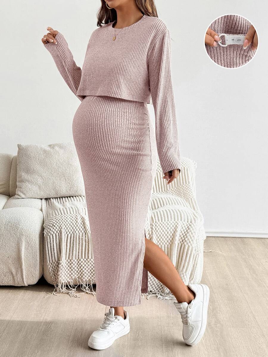 SHEIN 孕婦純色圓領短袖上衣與裙子兩件套 - 藕粉色 - 查看 1