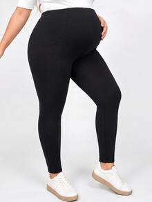 Plussiva Plus Size Maternity Solid Color Casual Everyday Pants With Pockets Fall - Black - View 3