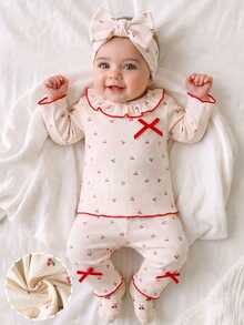 SHEIN 3pcs Newborn Baby Girls Top + Pants Set Sweet Cream Red Cherry Print Bow Ruffle Long Sleeve Ruffle Neck Regular Party Fall Holiday Ribbed - Beige - View 3