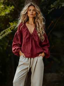 Breezaya Blus Wanita Lengan Panjang Kasual Leher V Warna Polos untuk Sehari-hari - Burgundy - View 4