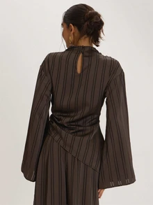 MUSEYN Brown Satin High Neck Ruched Waist Blouser Versatile Everyday Casual Fall - Coffee Brown - View 4