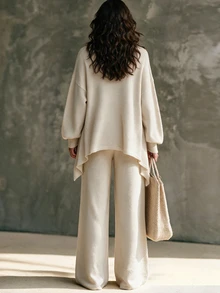 LUMIGAL Relaxed Fit V Neck Asymmetric Hem Drop Shoulder Ribbed Cuff Long Sleeve Loose Pullover Top High Waist Elastic Waist Wide Leg Straight Pants Women Sweater Two Pieces Set - Apricot - View 2