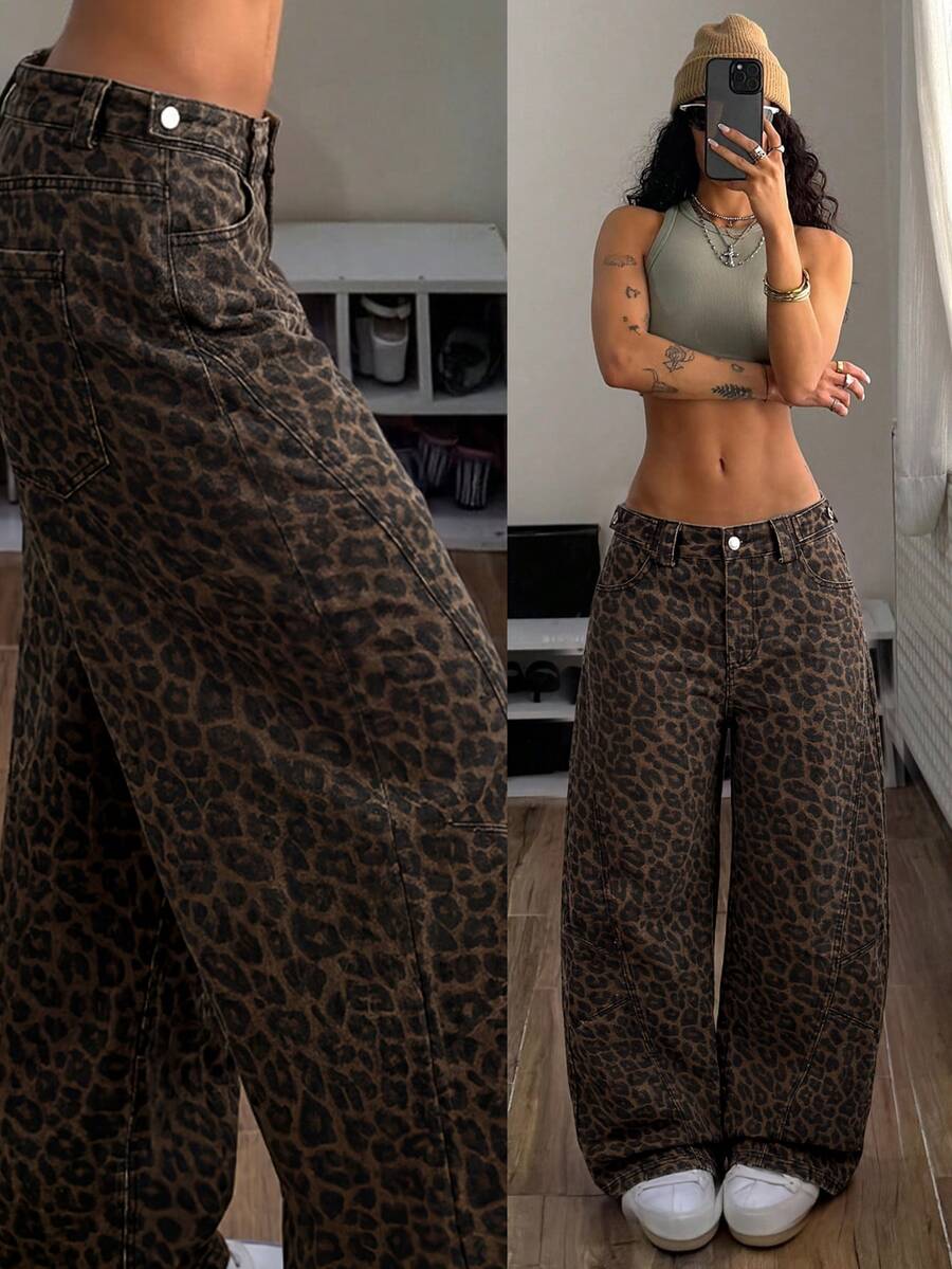 SHEIN PETITE 女款迷彩丹寧寬腿鬆垮低腰無彈力牛仔褲,附口袋,秋冬款,小個女款日常穿搭,動物印花 - 綠色 - 查看 1
