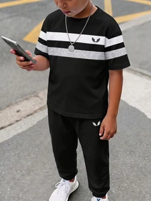 青少年男孩休閒舒適時尚簡約圓領短袖T恤與長褲套裝 - 彩色 - 查看 7