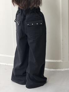 DAZY Tween Girl Pocket Wide Leg Loose Casual Denim Jeans - Black - View 5