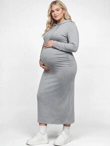 Plussiva 大尺碼孕婦純色長袖側開衩抽繩連帽洋裝 秋季 - 巧克力棕 - 查看 2