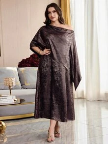 Modelyn 大尺碼女款不對稱肩蝙蝠袖優雅寬鬆洋裝 - 紫色 - 查看 6