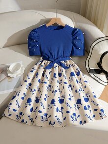 SHEIN 這是一款一件式復古優雅黑色針織羅紋圓領套頭衫 - 藍色 - 查看 6