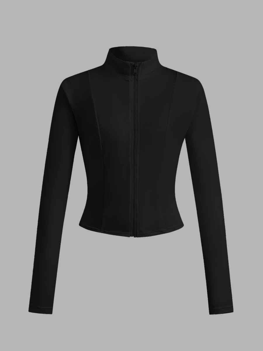 SHEIN Teen Girl Fall Casual Basic Daily Wear Sports Wear Stretchy Black Bustier Turtle Neck Yoga Jacket - Black - View 1