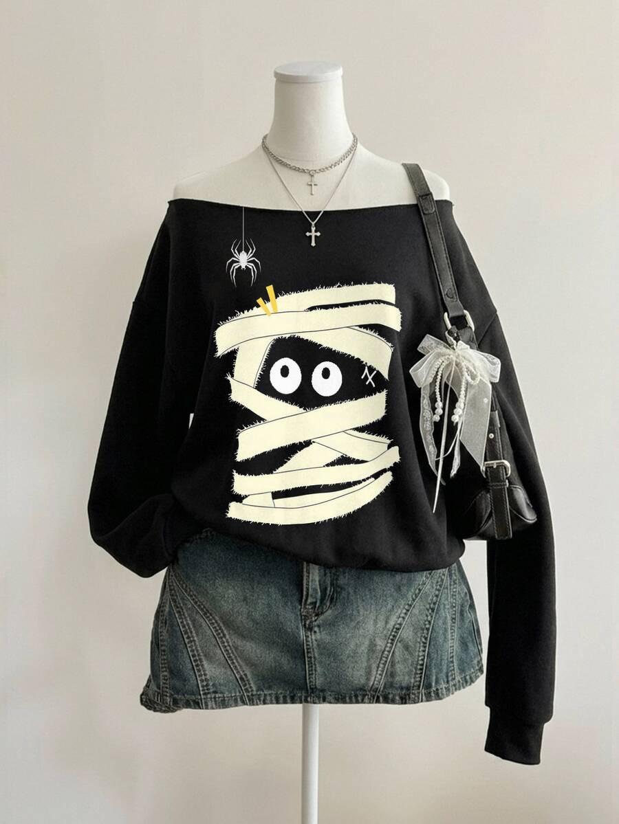 SHEIN EZwear Casual Loose Off-Shoulder Printed Pattern Thick Sweatshirt - Black - View 1