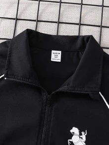 SHEIN 2件組兒童青少年男孩秋冬對比色織帶卡通馬圖案圓領長袖外套與長褲套裝，黑色套裝，男孩套裝 - 彩色 - 查看 6