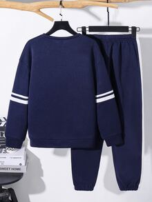 SHEIN 青少年男孩數位圖案長袖運動衫與長褲套裝 - 藏蓝色 - 查看 4