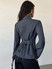 Firerie Blazer Wanita Abu-abu Gelap Kancing Ganda dengan Ikat Pinggang dan Kerah Ramping - Grey - View 2