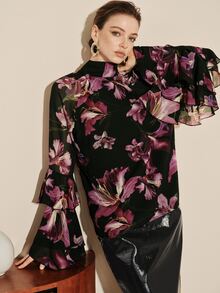 Arave Blus Wanita Bahan Chiffon Semi-Transparan dengan Bahu Jatuh, Potongan H, Kerah Berlipit Motif Bunga, dan Desain Lengan Berkerut untuk Perjalanan Sehari-hari - Hitam - View 5