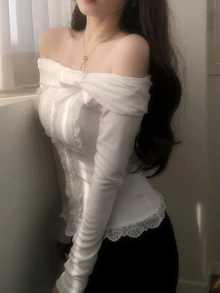Dazy Tall Women's Off-Shoulder Korean Style Long Sleeve Lace Patchwork Versatile Fresh T-Shirt - White - View 6
