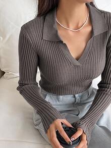 DAZY 女款純色領口長袖商務休閒套頭毛衣 - 深灰色 - 查看 1