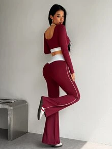 StreetHx Women's Colorblock Cropped Long Sleeve T-Shirt And Criss-Cross Waist Colorblock Flared Pants Sports Set - Multicolor - View 2