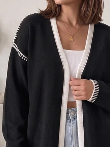 SHEIN LUNE Áo cardigan nữ size lớn phối màu, phong cách thường ngày, đa năng, mặc hàng ngày - Đen và trắng - Xem 4