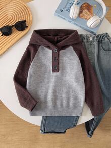 Young Boy Two Tone Raglan Sleeve Half Button Placket Hooded Sweater - Grey - View 11