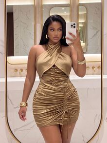 Veslaya Elegant Sexy Mini Dress For Date Party Holiday, Halter Neck Pleated Sleeveless Drawstring Slim Fit Bodycon Waist-Cinching Plus Size Dress - Khaki - View 9