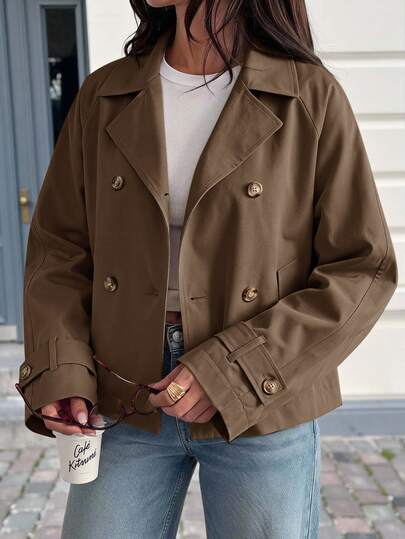 Solavibe Plus Size Women Solid Color Double-Breasted Casual Elegant Commuter Trench Coat Office Airport Brown Autumn