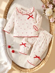 SHEIN 3pcs Newborn Baby Girls Top + Pants Set Sweet Cream Red Cherry Print Bow Ruffle Long Sleeve Ruffle Neck Regular Party Fall Holiday Ribbed - Beige - View 4