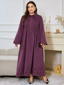 Al Najma Plus Size Women's Burnout Button Half-Placket Pleated Dress - Purple - View 1