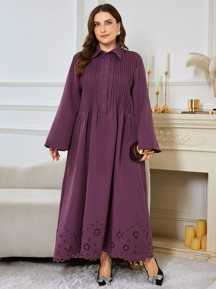 Al Najma Plus Size Women's Burnout Button Half-Placket Pleated Dress - Purple - View 1