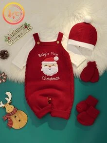 嬰兒聖誕連身衣4件套，聖誕老人刺繡吊帶背心附帽子、手套、鞋子與襪子，嬰兒節日針織拍照套裝，新生兒聖誕服飾，氛圍感套裝 - 紅色 - 查看 7