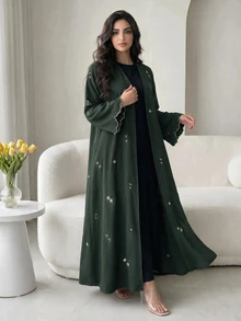Al Najma Women's Floral Embroidered Pattern Casual Gathering Abaya - Green - View 3