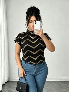 Elenzga 春夏派對黑色優雅大尺碼女款金箔印花上衣 - 黑色 - 查看 4
