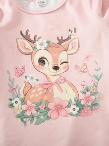 SHEIN 2件組女嬰連身衣可愛粉色花卉鹿圖案按扣長袖圓領薄款生日家庭首週歲派對秋季假期 - 彩色 - 查看 8