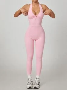 SHEIN Sovereign Charm Jumpsuit Olahraga Wanita Warna Polos dengan Leher V Dalam dan Desain Berpilin, Model Halter Neck - Berwarna merah muda - View 3
