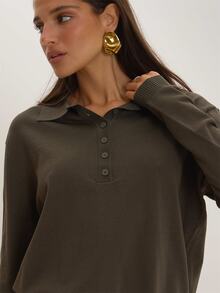 MUSEYN Khaki Knit Long Sleeve Polo Top Versatile Everyday Basics Casual Fall - Spring Green - View 5