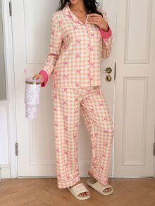 SweetSlumber Plaid Bow Bubble Puff Women's Pajama Set - Yellow - View 2