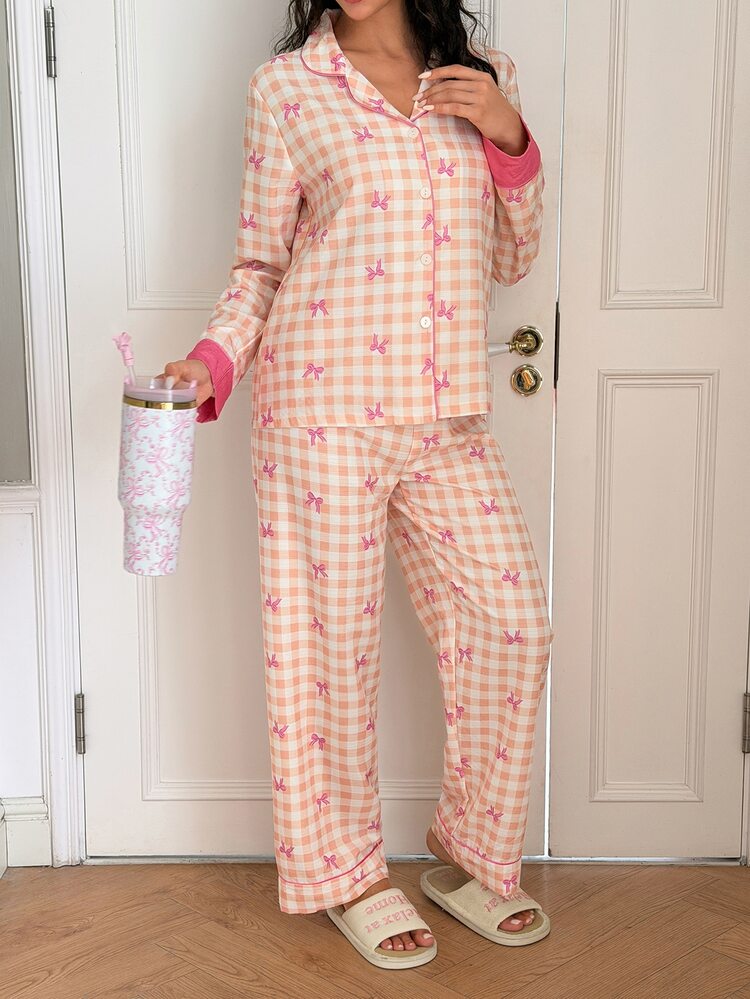 SweetSlumber Plaid Bow Bubble Puff Women's Pajama Set - Yellow - View 2