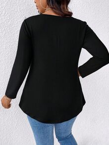 EMERY ROSE Spring Autumn Casual Loose Neckline Contrast Lace V-Neck Plus Size T-Shirt, Suitable For Daily Outings And Home Wear - Black - View 2