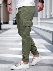 Manfinity CasualCool 男士成熟休閒黑色多口袋工裝束口休閒褲 - 軍綠色 - 查看 3