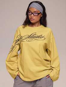 MUSERA 白色圖形Logo細節長袖上衣 冬季休閒日常舒適穿搭酷白女款上衣 - 黃色 - 查看 5