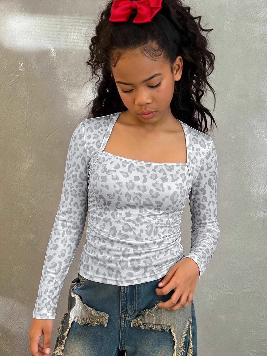 Kaos Lengan Panjang Musim Dingin untuk Anak Perempuan Tween, Pas Badan, Modis, dengan Lengan Raglan, Kerah U, Pinggang Berkerut, Bahan Elastis - Grey - View 1