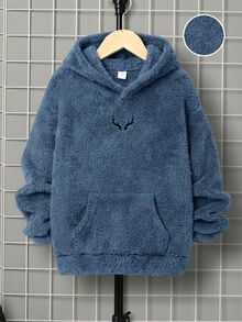 SHEIN 兒童男童休閒刺繡雙面刷毛連帽套頭針織衛衣 秋冬款 - 霧霾藍 - 查看 1