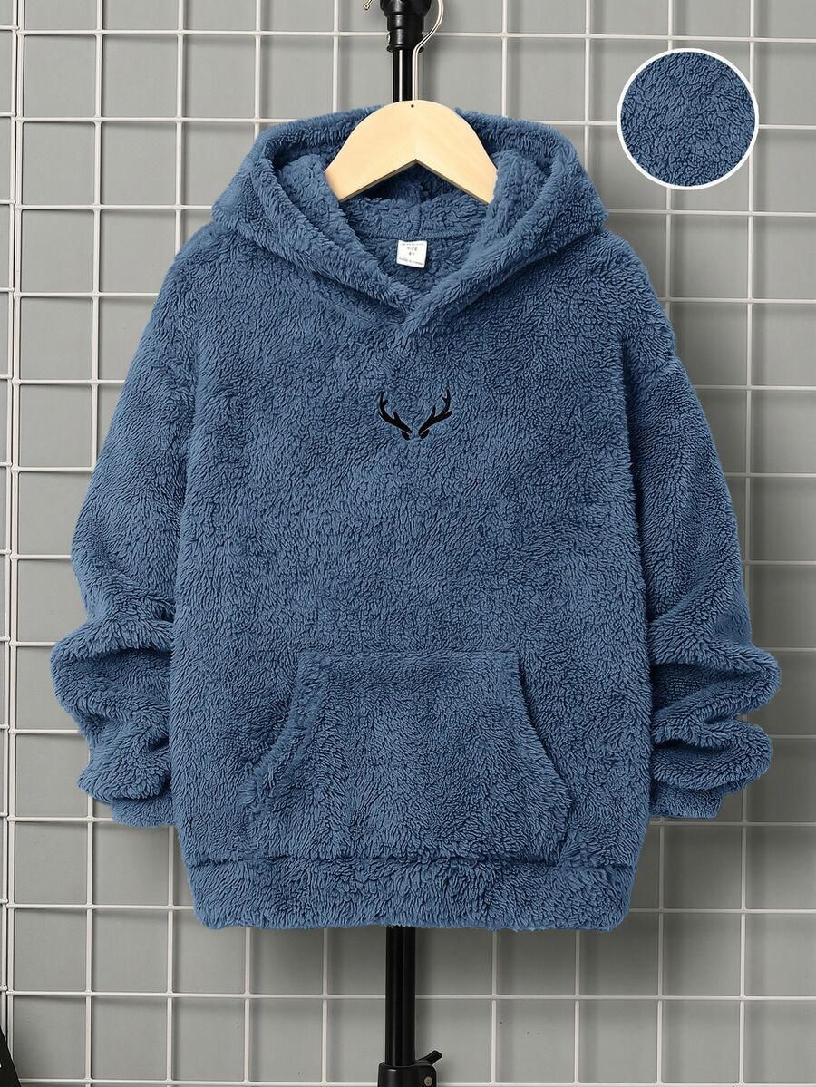 SHEIN 兒童男童休閒刺繡雙面刷毛連帽套頭針織衛衣 秋冬款 - 霧霾藍 - 查看 1