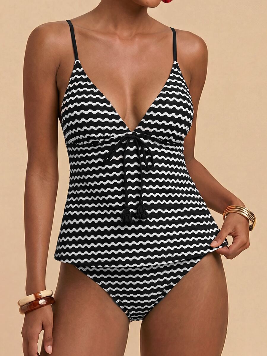 Travachic Women's Summer Beach Striped Sexy Tankini & Triangle Tankini Bottom Two-Piece Swimsuit Set - Black and White - View 1