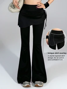 Dazy Tall Women's Fitted Casual 2 In 1 Flare Leg Long Pants - Black - View 12